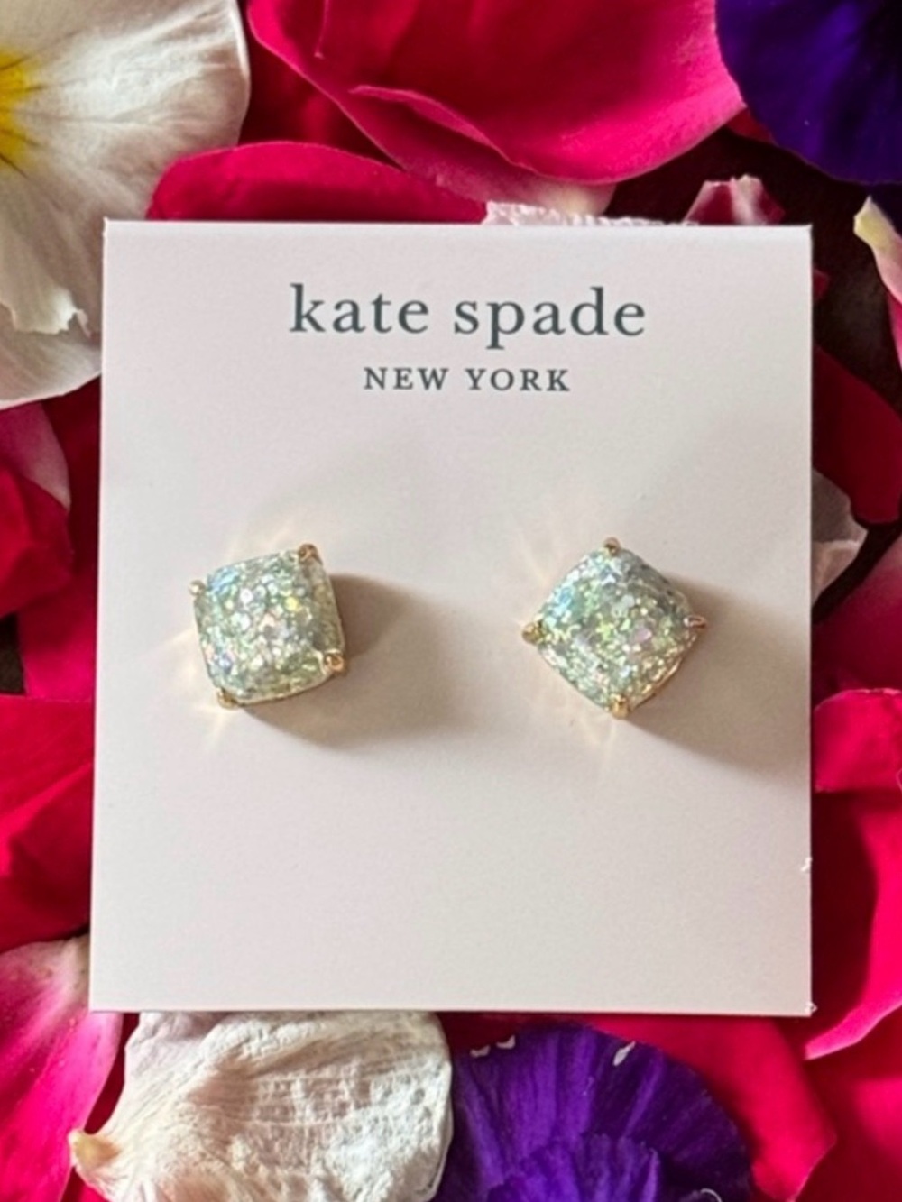 NWT  kate spade Iridescent Glitter Cushion Stud Earrings in Gold